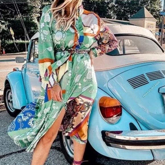 Boho Paisley Print Button up Satin Dress - Picture 4 of 7